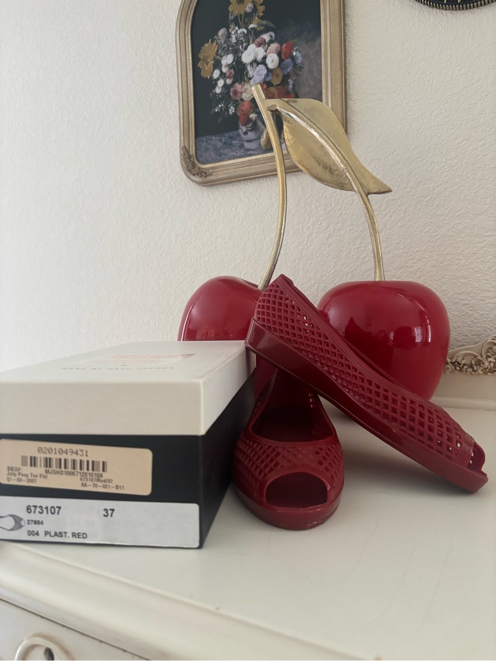 Marc Jacobs Red Peep-Toe Lattice Jelly Flats
